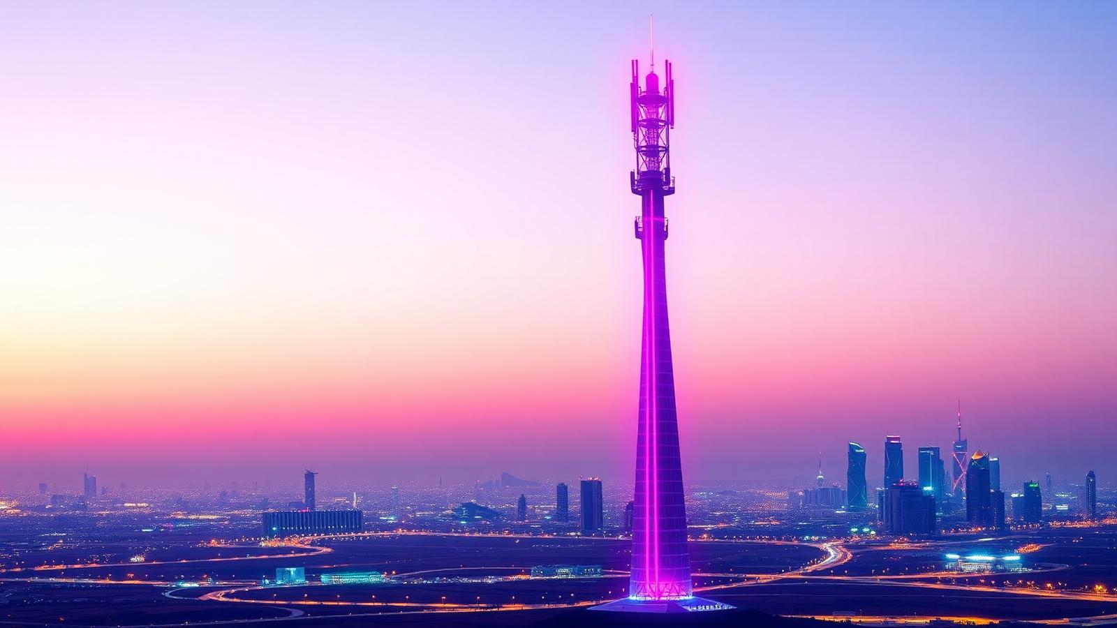 stc cover — 5G telecom tower over Saudi skyline at dusk