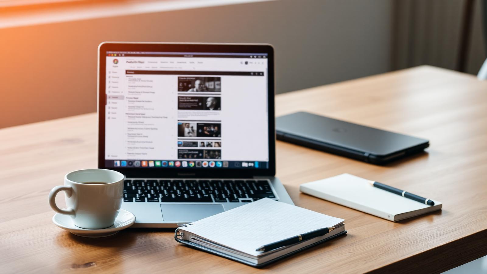 Upwork cover — freelancer workspace with laptop and notebook