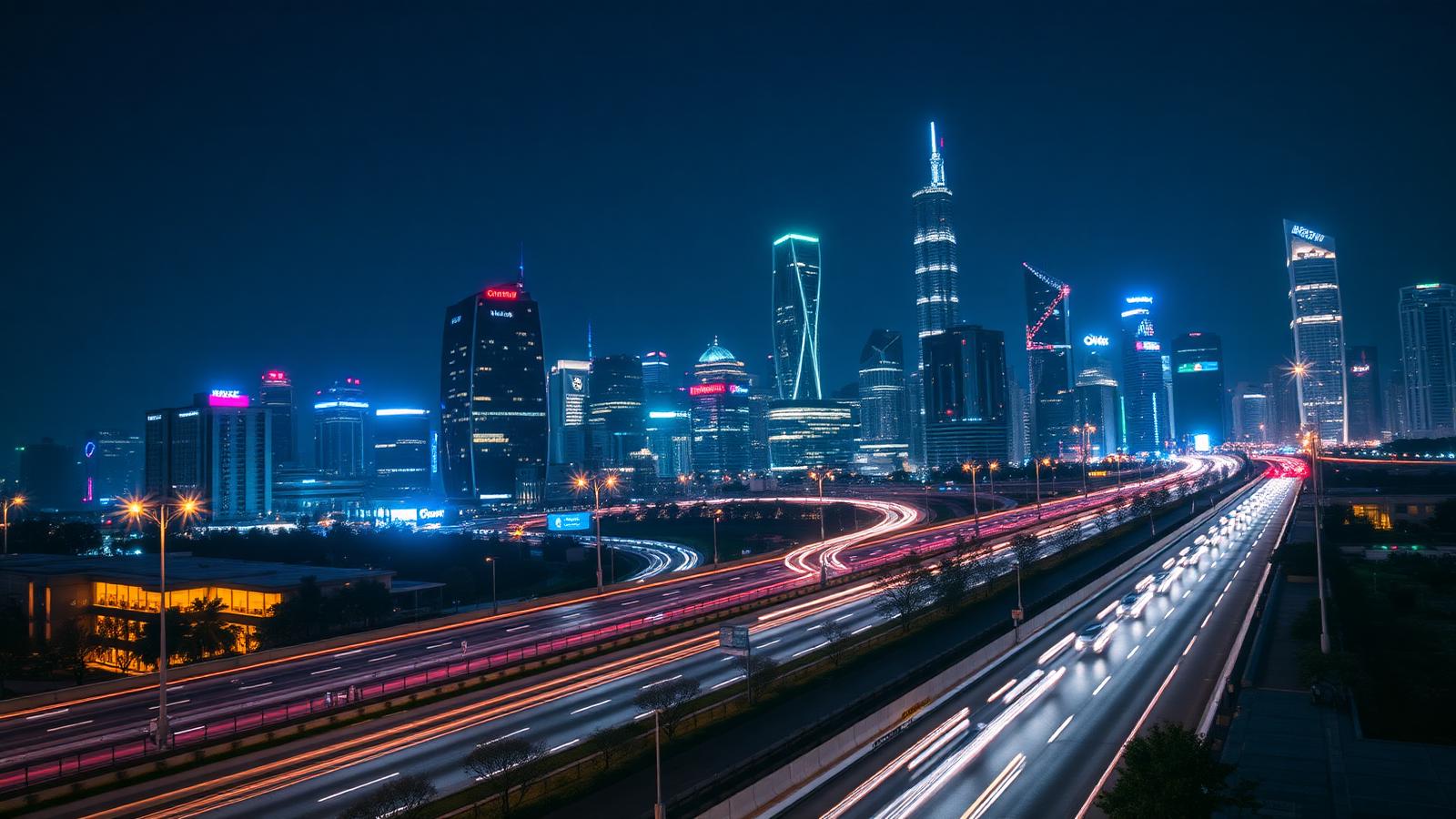 Uber cover — city night skyline with car light trails